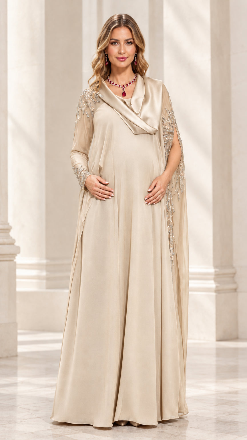 Champagne cowl neck beaded cape sleeve evening gown front view