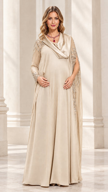 Champagne cowl neck beaded cape sleeve evening gown front view