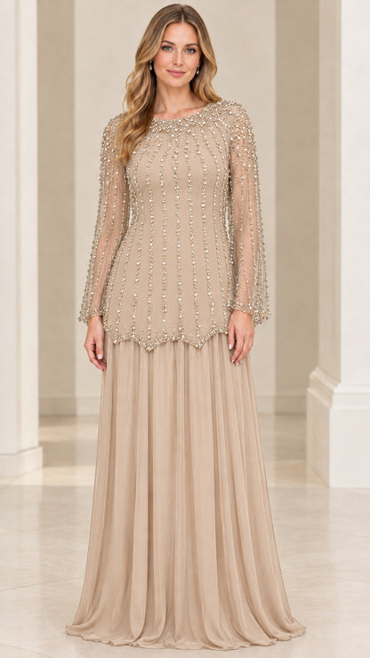 Front view of woman wearing Champagne beige beaded long sleeve evening gown