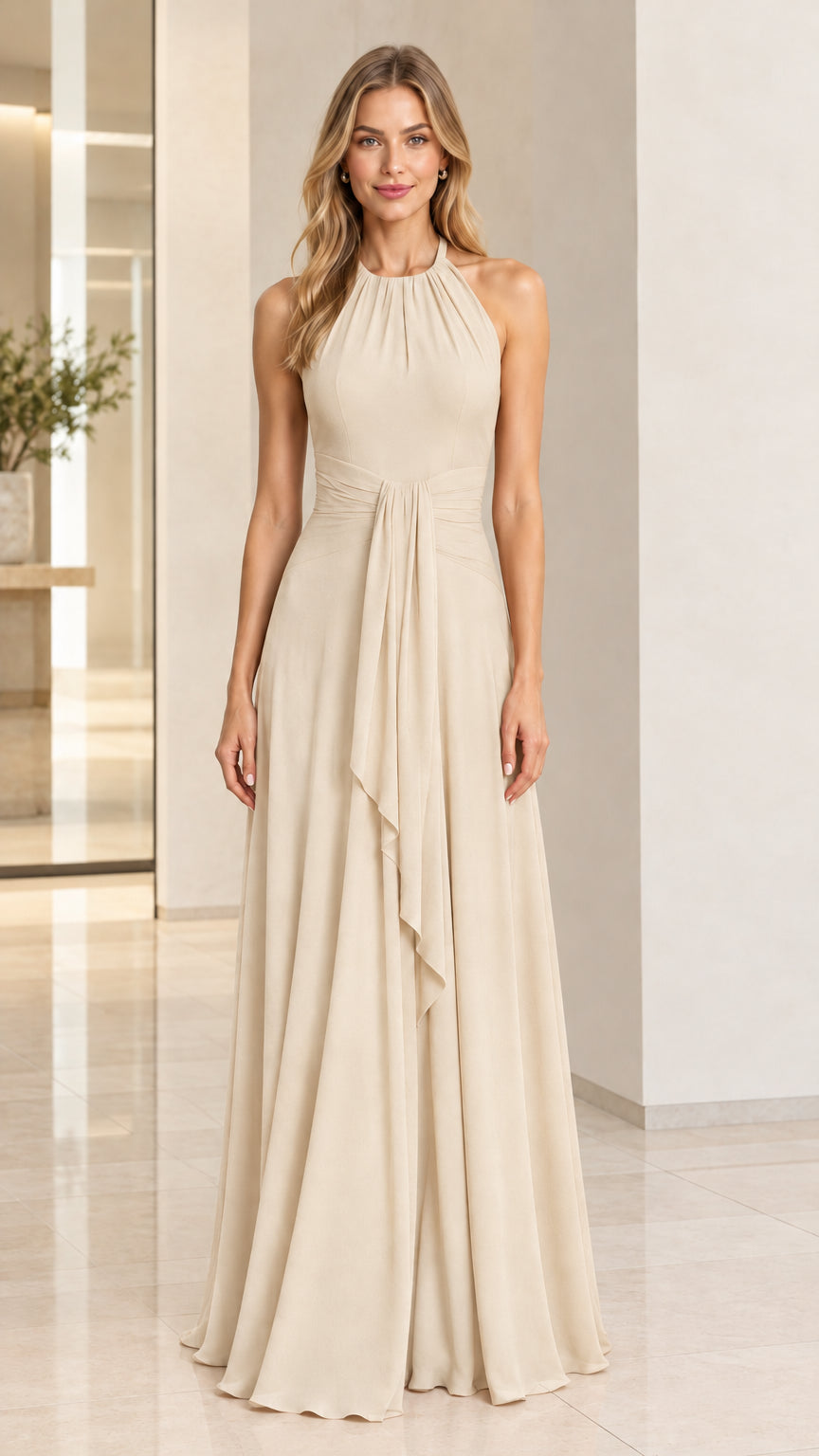 Model wearing a sophisticated champagne beige halter neck formal maxi dress