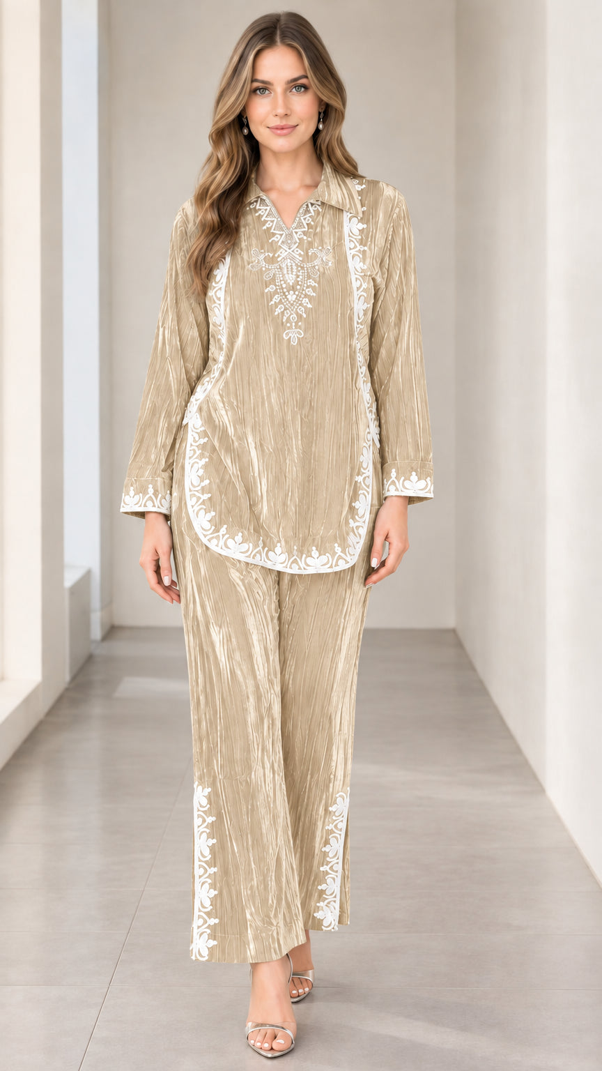 Champagne beige crushed velvet embroidered tunic top and trousers set