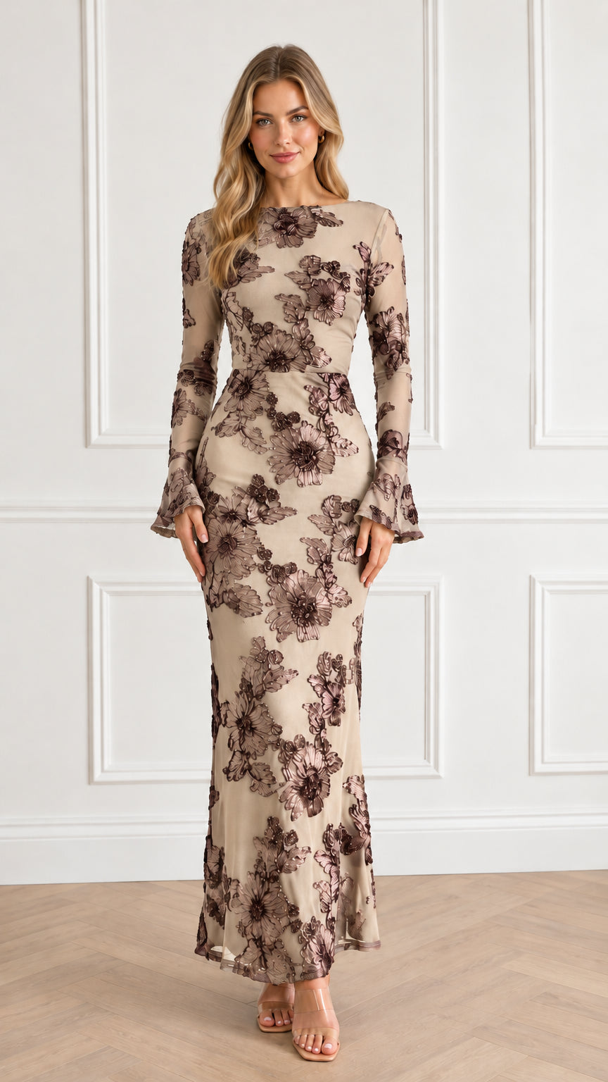 Champagne beige floral embroidered evening gown front view