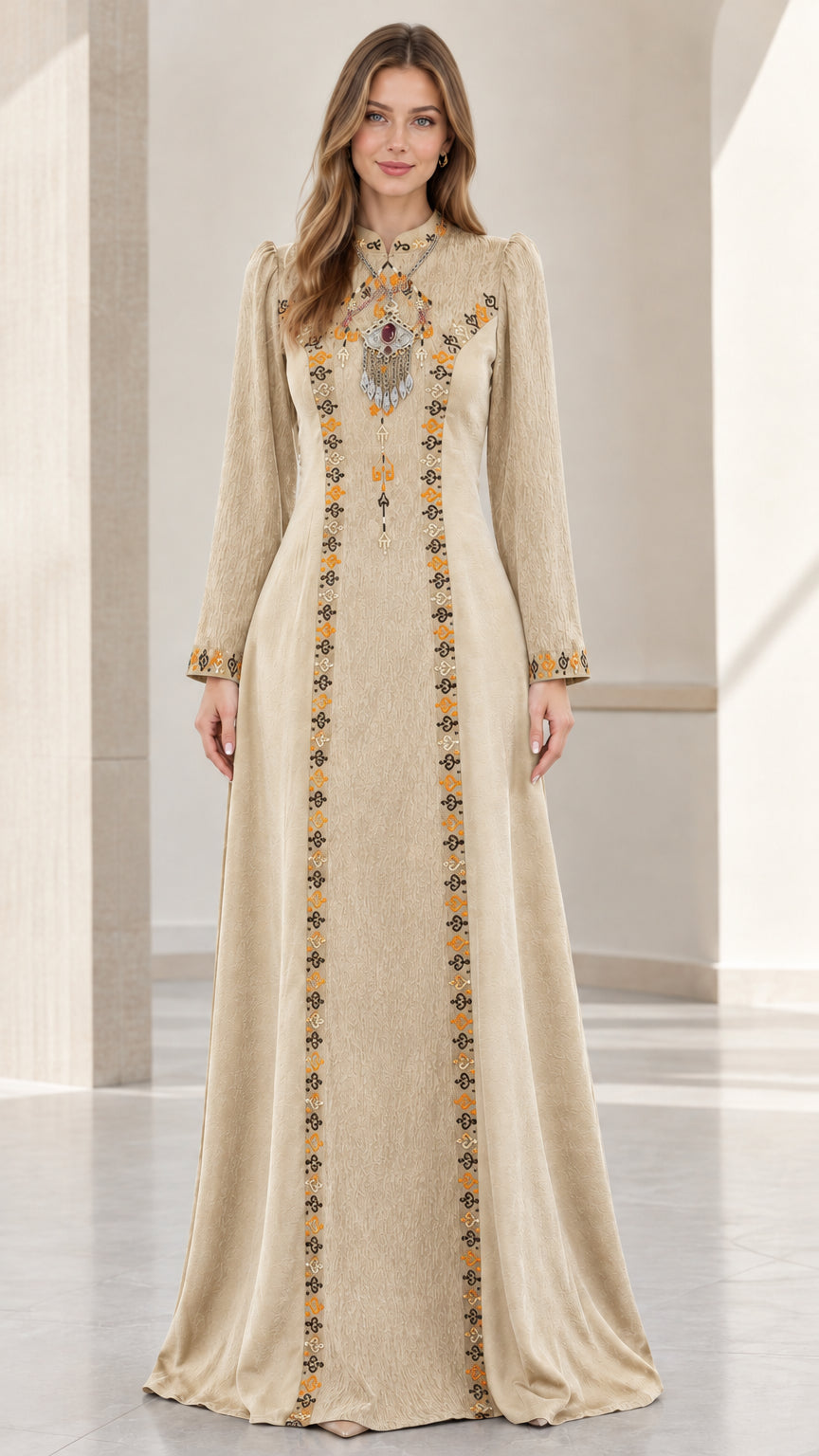 Front full-length view of woman wearing beige cream embroidered long sleeve maxi dress