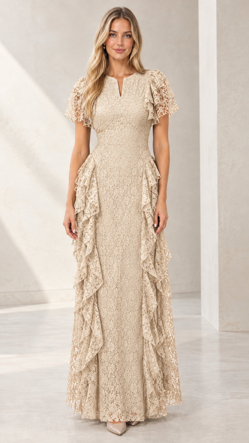 Woman wearing Champagne beige floral lace tiered flutter sleeve evening dress