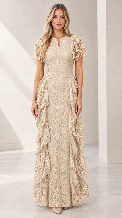 Woman wearing Champagne beige floral lace tiered flutter sleeve evening dress