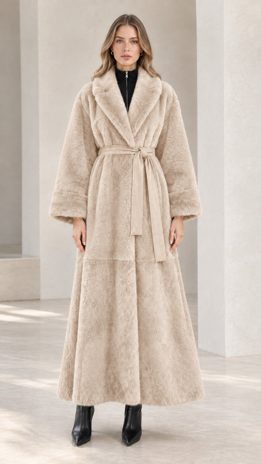 Front full view of beige cream belted faux fur maxi coat
