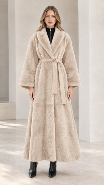 Front full view of beige cream belted faux fur maxi coat