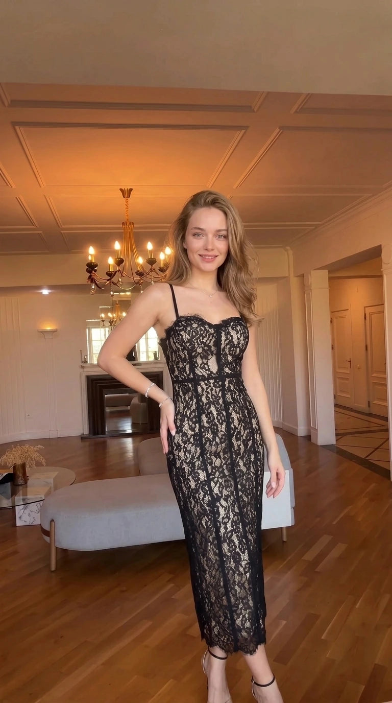 Full-length front view of woman wearing black lace formal evening dress