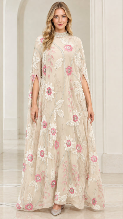 Champagne beige floral embroidered cape gown with beaded accents
