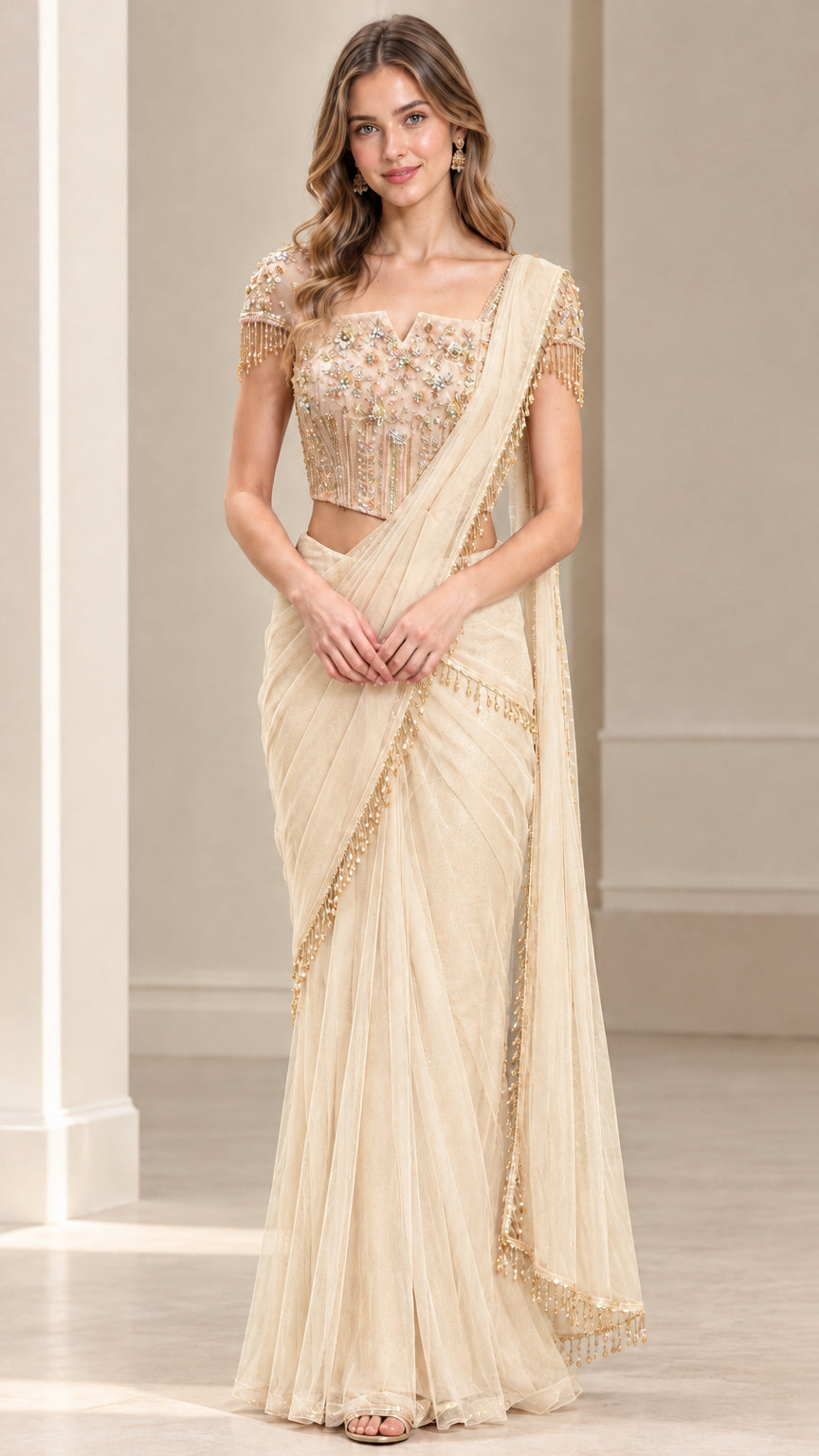 Full front view of champagne ready-to-wear saree with tassel sleeves
