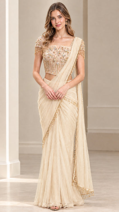 Full front view of champagne ready-to-wear saree with tassel sleeves