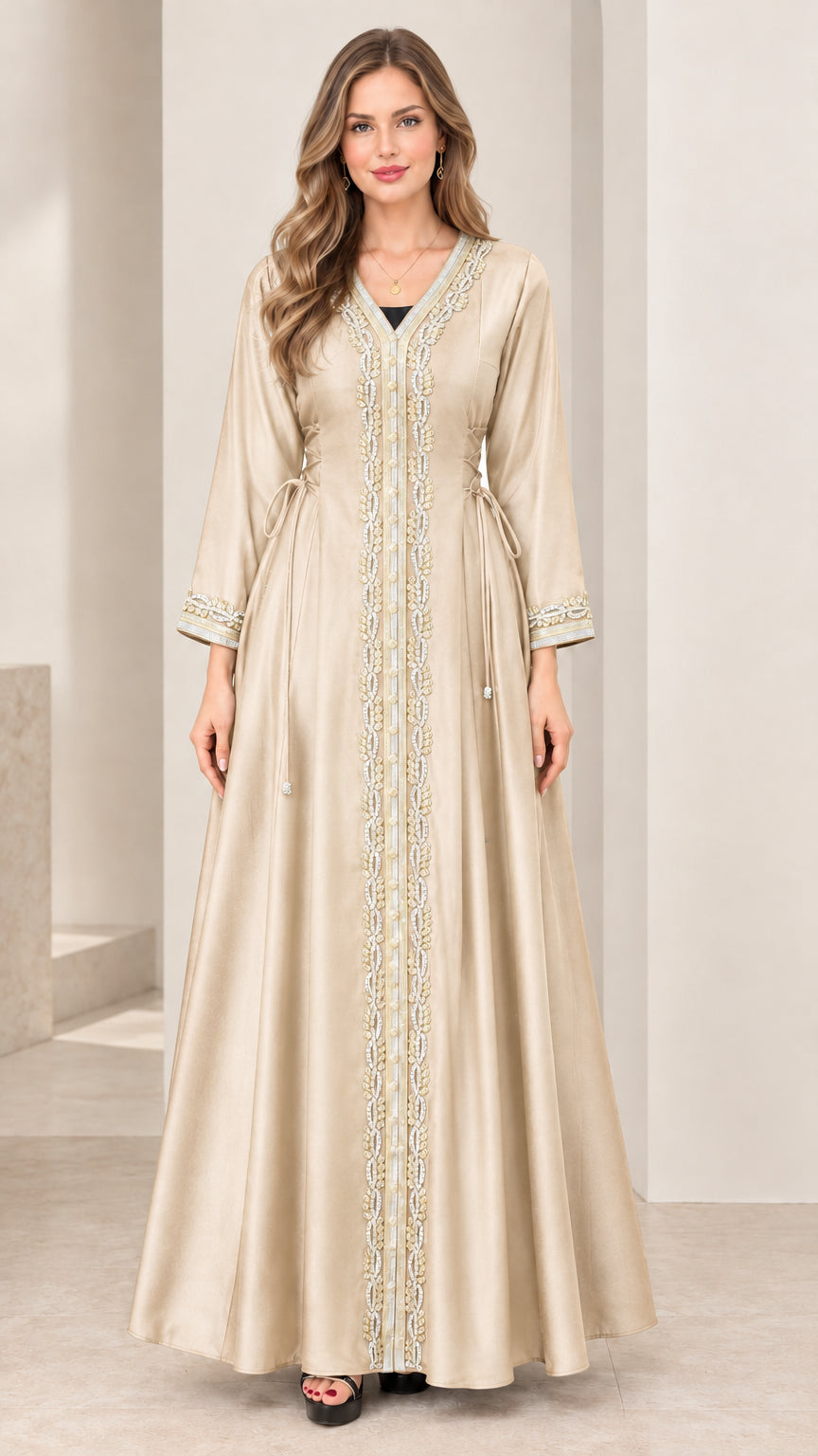Champagne gold embroidered modest evening kaftan maxi dress