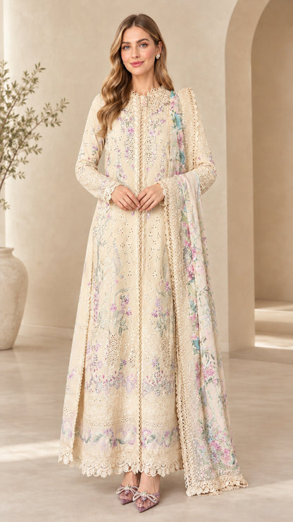 Cream off-white floral embroidered eyelet lace maxi dress set