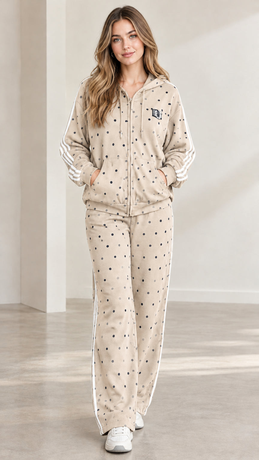 Model wearing oatmeal beige polka dot hooded tracksuit set with white side stripes