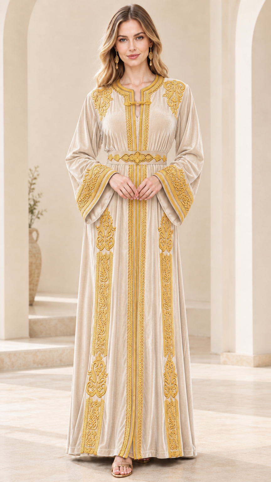 Champagne cream velvet embroidered Moroccan kaftan maxi dress