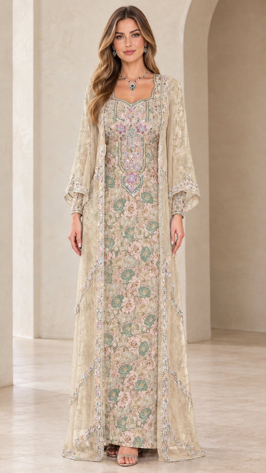Champagne floral embroidered layered kaftan maxi dress