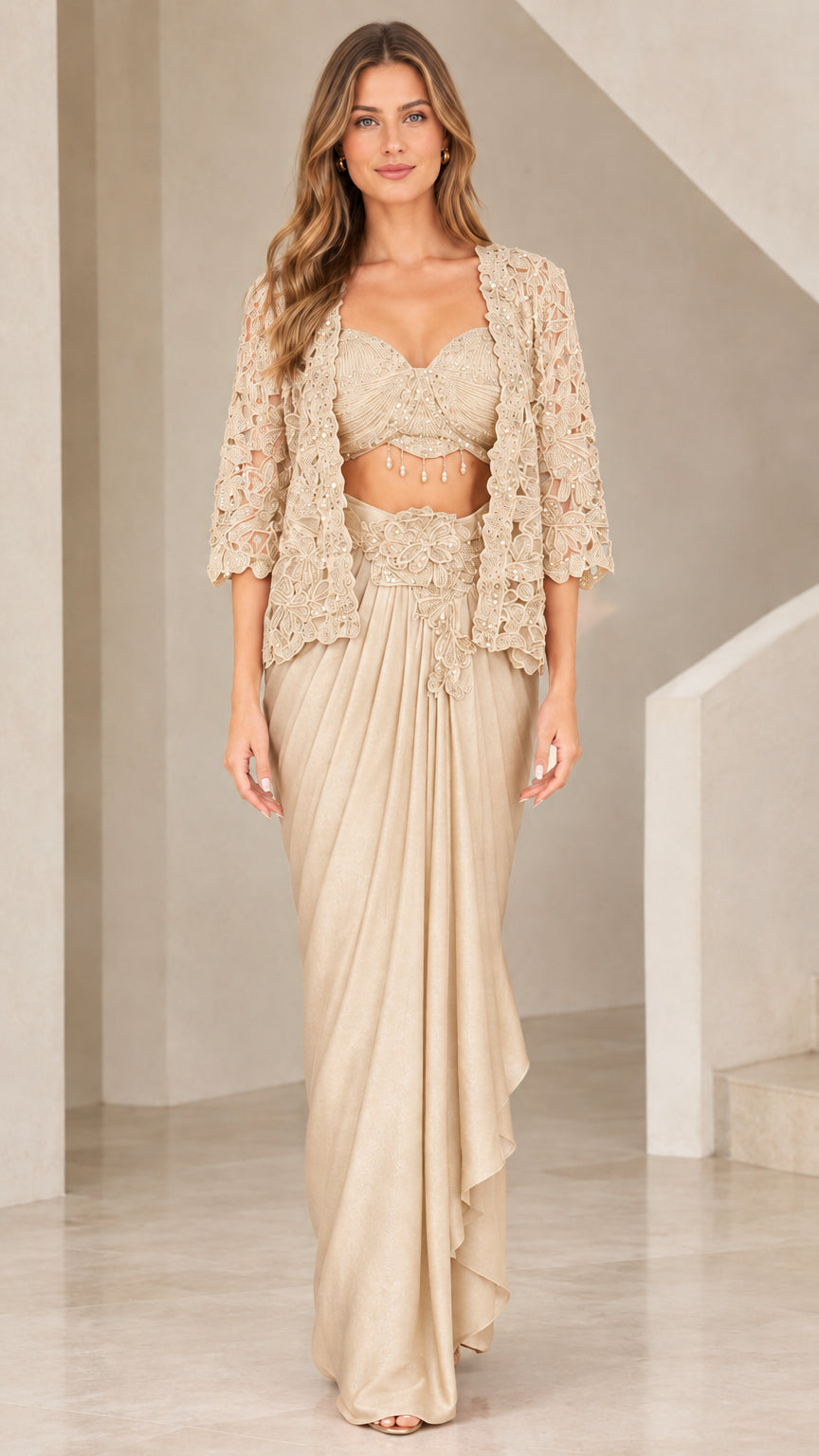 Front view of woman wearing Champagne 3-piece beaded bustier and draped skirt set
