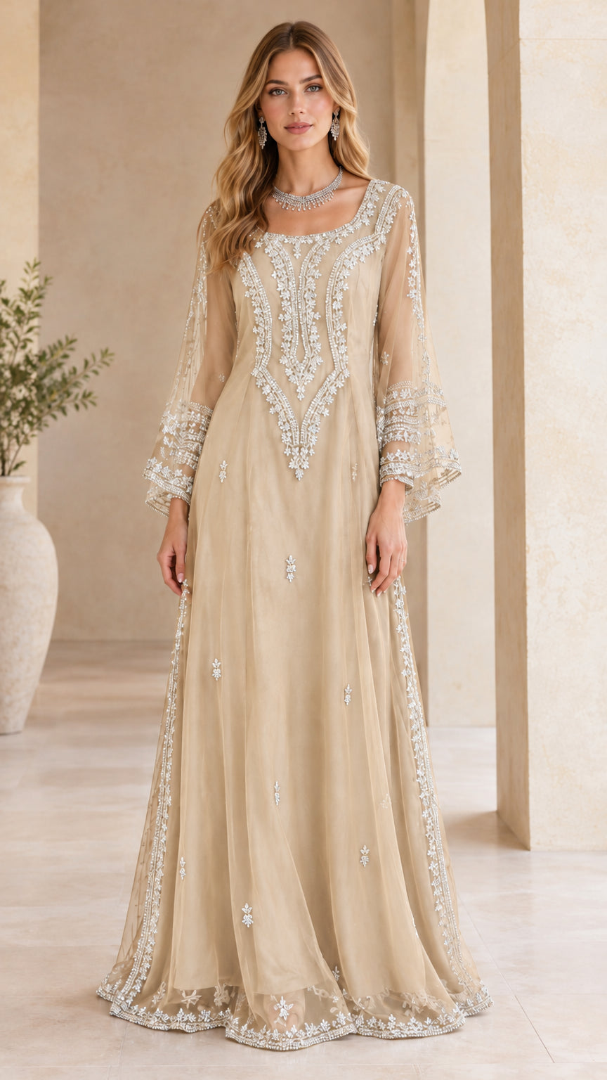 Champagne beige embellished floor-length formal evening gown