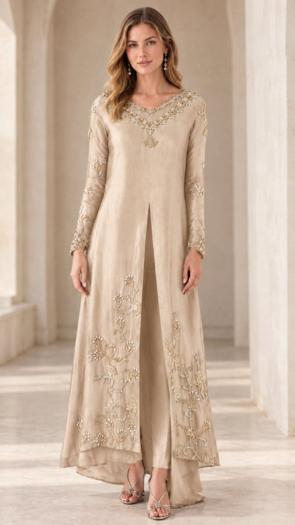 Full-length front view of champagne gold embroidered long tunic and pants set
