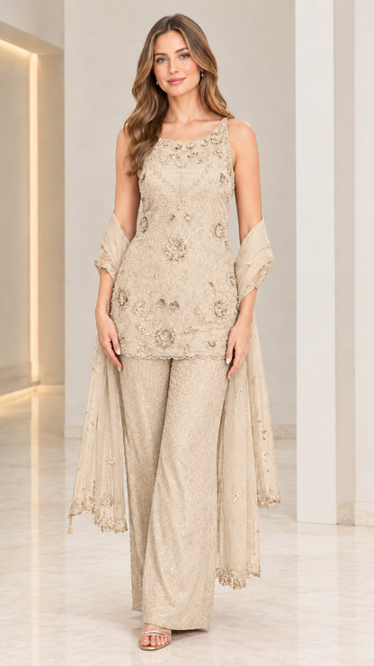 Champagne beige 3-piece embroidered formal evening pant set with shawl