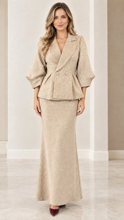Champagne beige shimmering peplum jacket and maxi skirt set