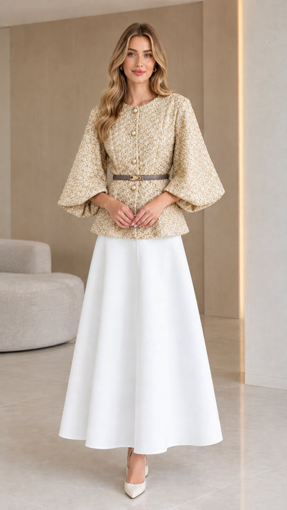 Champagne beige textured tweed jacket with waist belt and white skirt