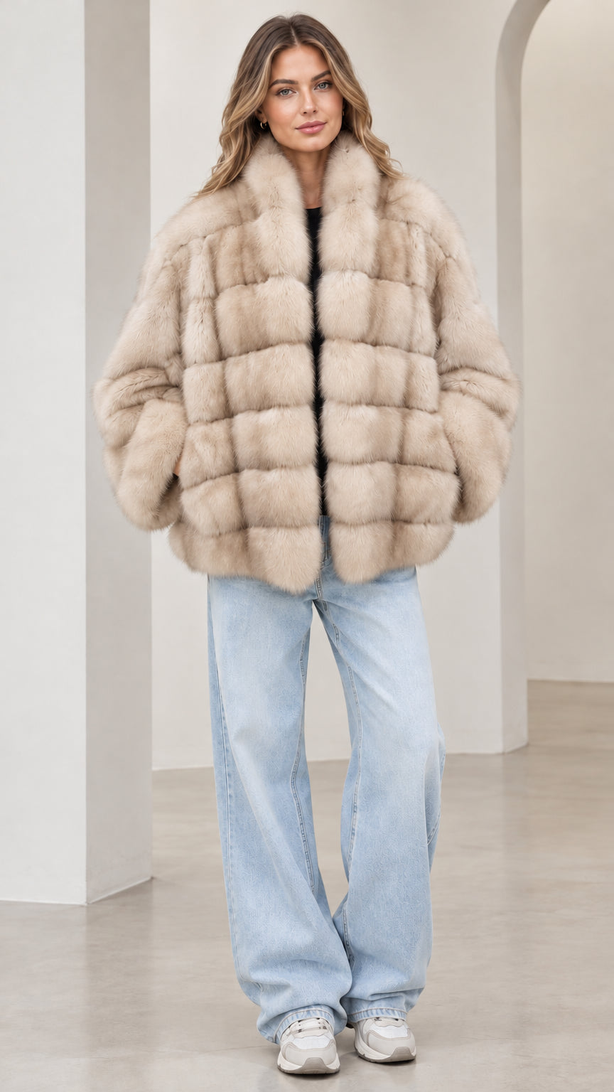Front view of model wearing the cream paneled faux fur jacket