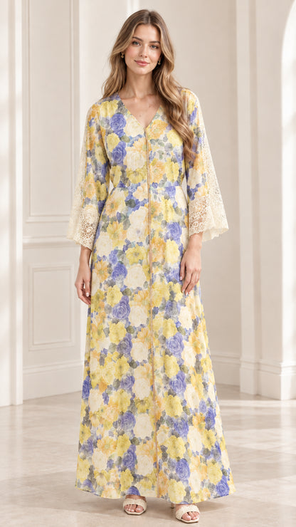 Front full-length studio view of Yellow Floral maxi dress