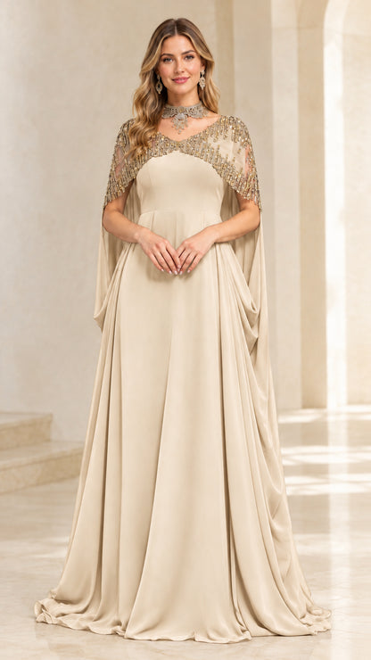 Champagne beige chiffon maxi dress with beaded cape overlay