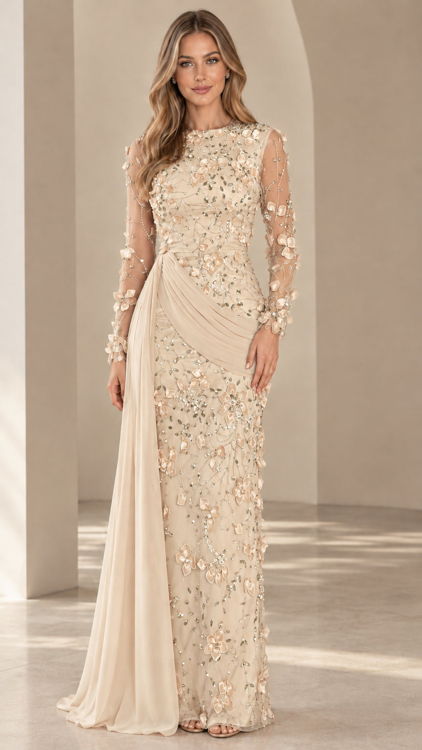 Champagne gold 3D floral embroidered long sleeve formal gown with cascading sash