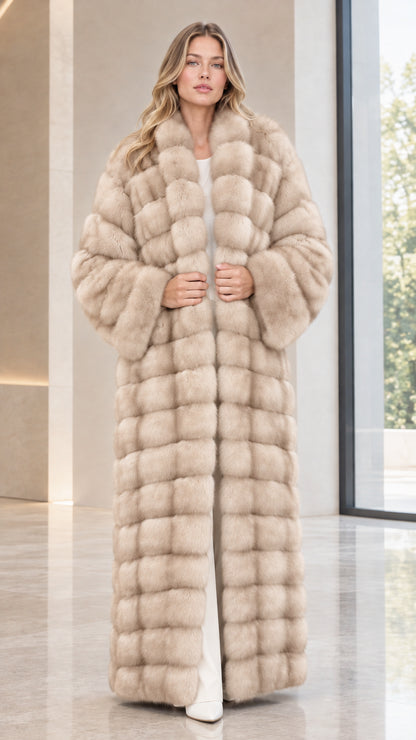 Front full-length view of woman wearing beige paneled faux fur maxi coat