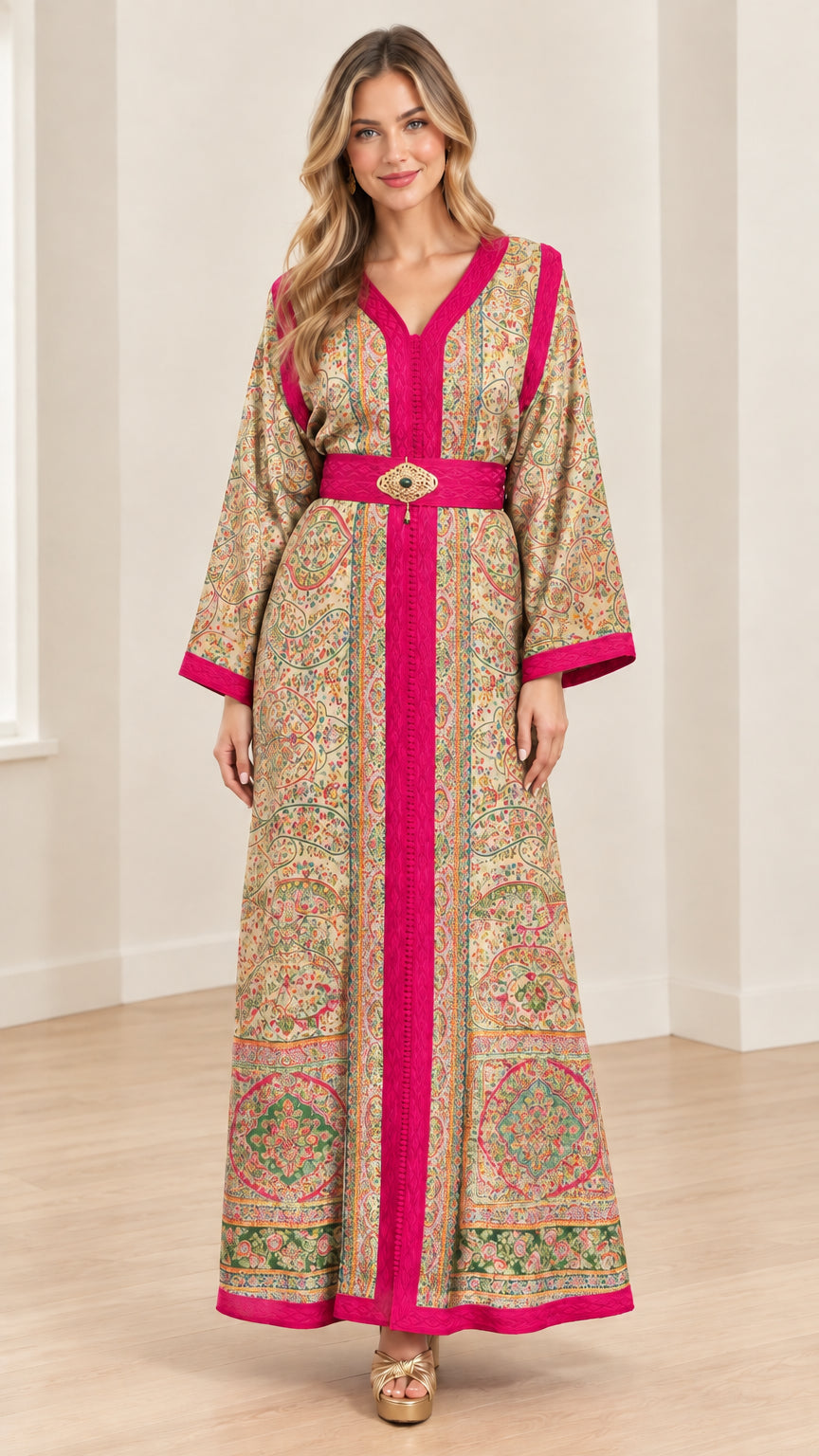 Beige champagne paisley print belted maxi kaftan dress with magenta contrast trim
