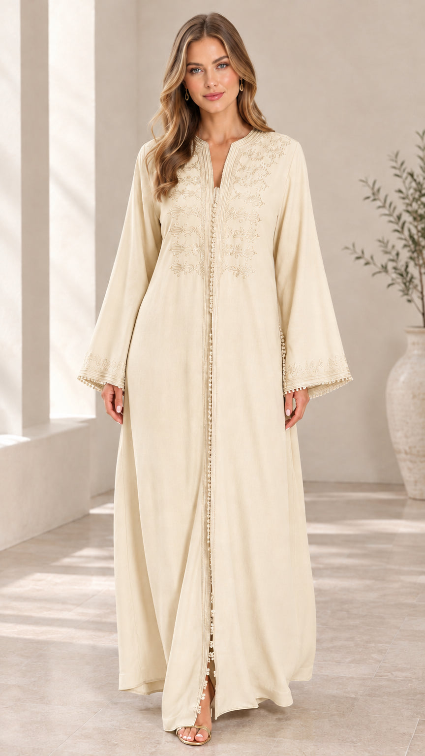 Cream off-white modest embroidered maxi abaya dress
