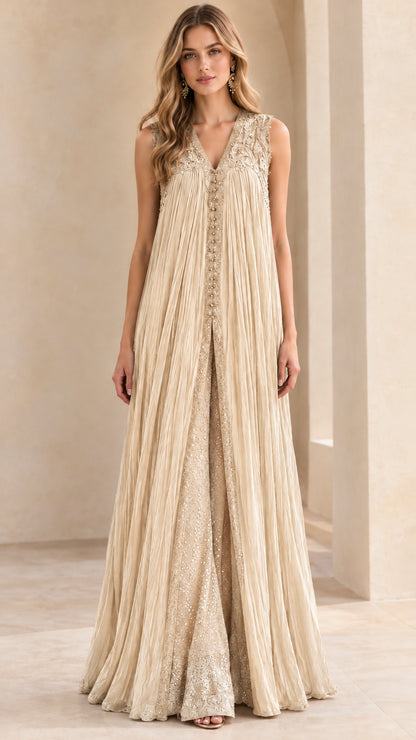 Full length champagne beige embroidered pleated tunic and wide-leg pants set
