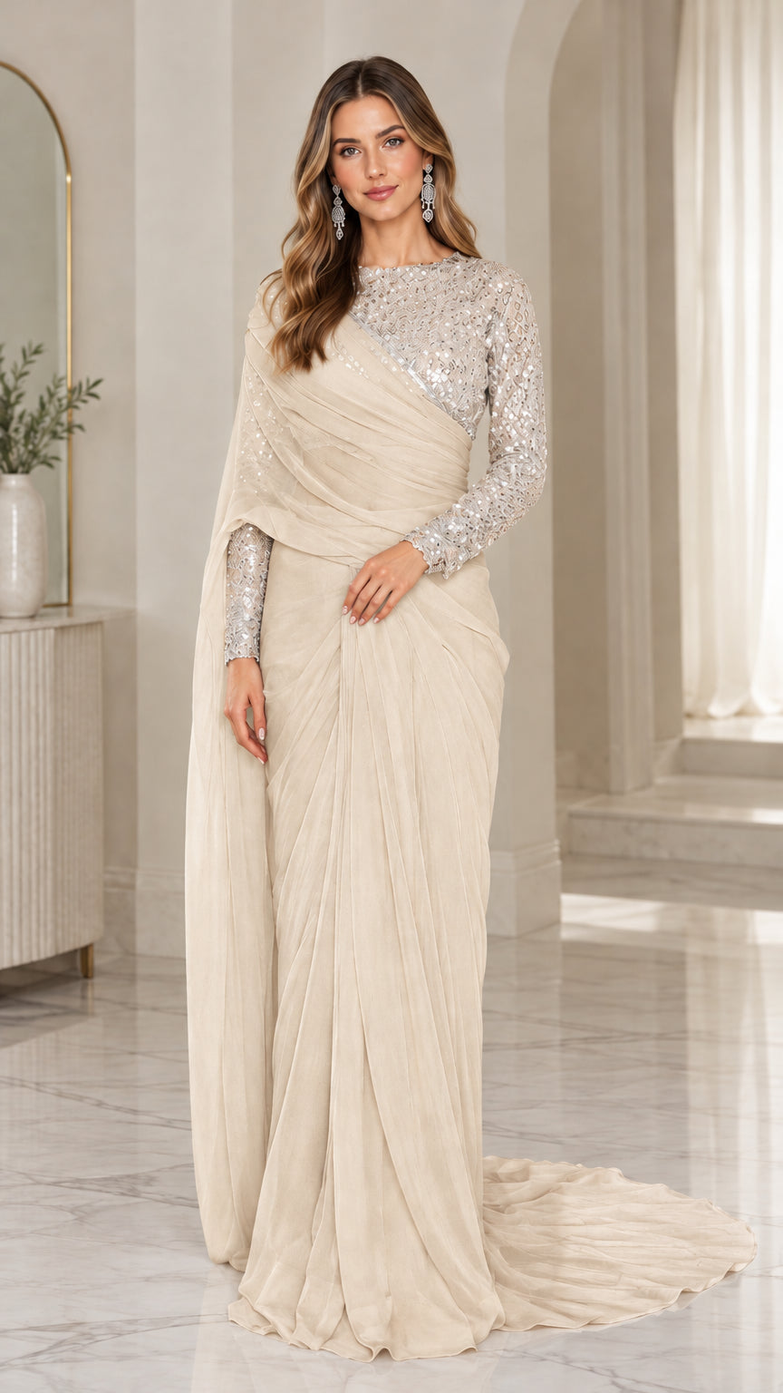 Champagne beige sequined bodice draped formal evening gown with train