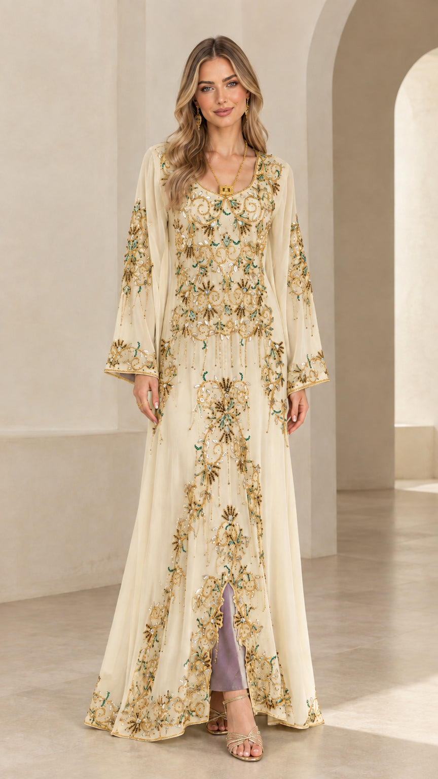 Front full-length view of champagne off-white beaded maxi kaftan dress