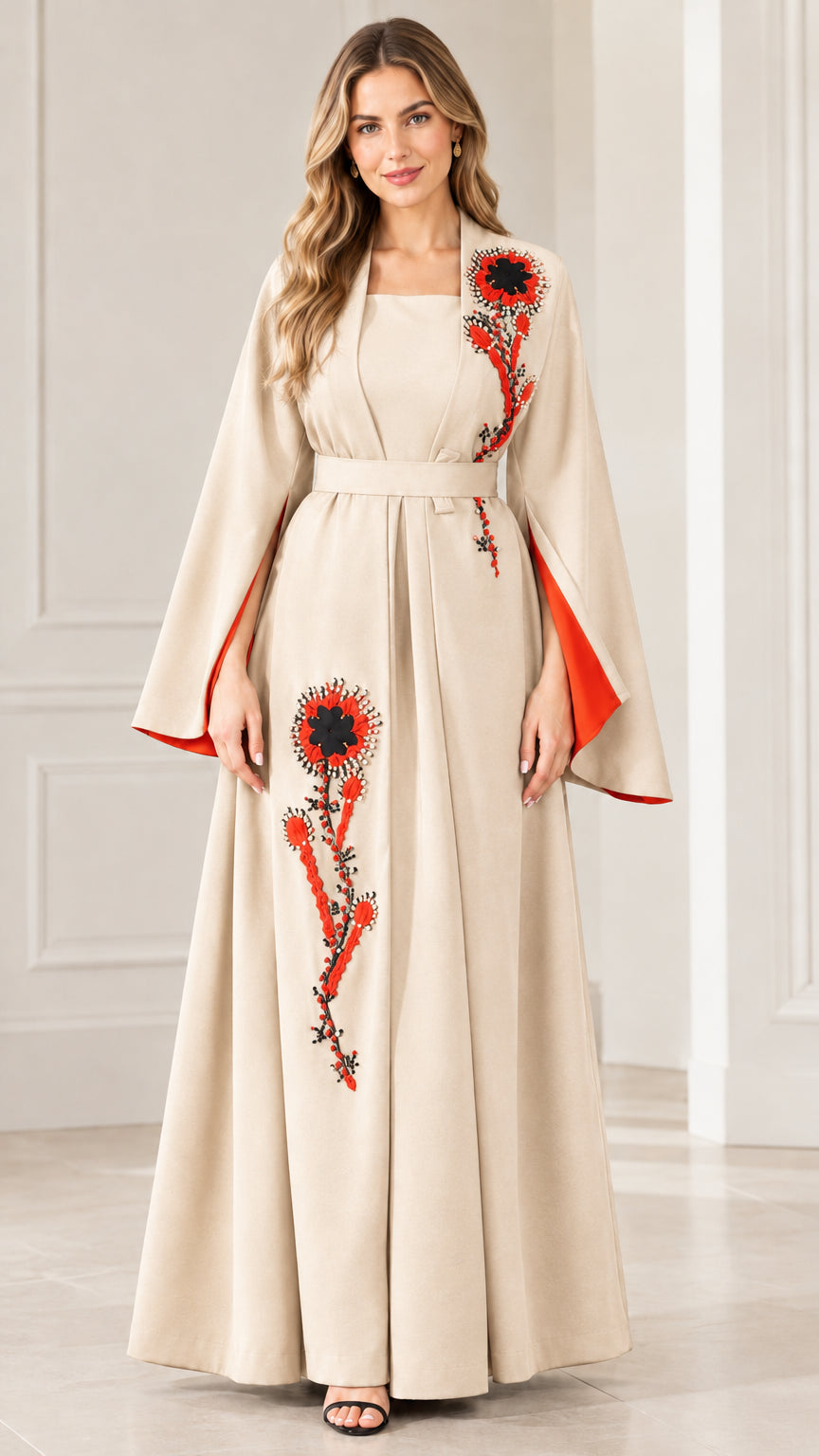 Full-length view of woman wearing Beige embroidered bell sleeve maxi dress