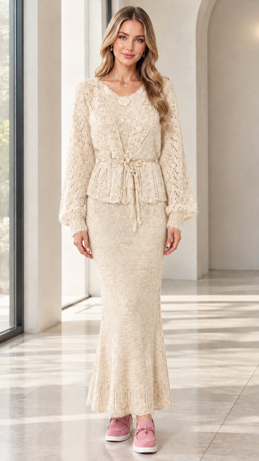 Woman wearing cream beige openwork knit peplum top and fluted maxi skirt set