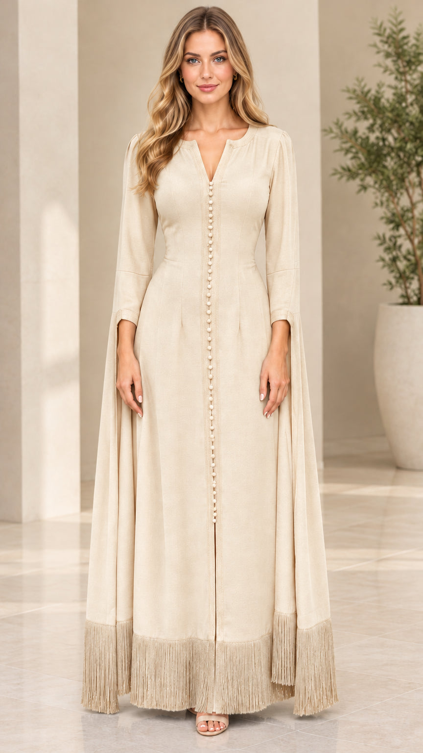 Champagne beige elegant maxi dress with slit cape sleeves and fringe hem