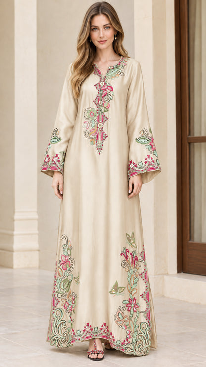 Model wearing champagne beige floral embroidered long kaftan dress