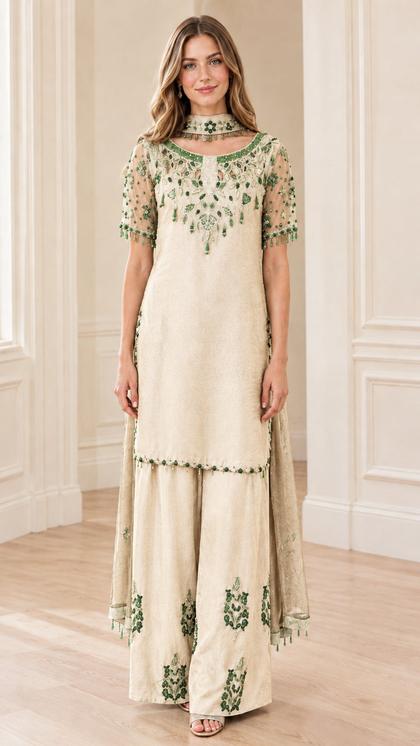 Full front view of Champagne ivory beaded tunic and wide-leg palazzo pant set