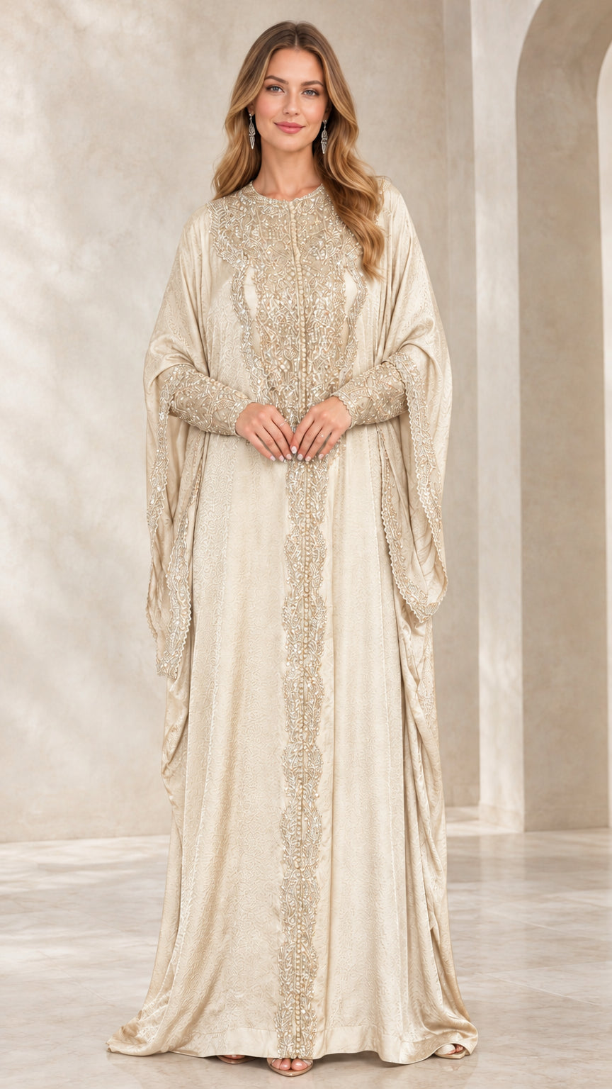 Front view of champagne cream embroidered kaftan maxi dress with cape overlay