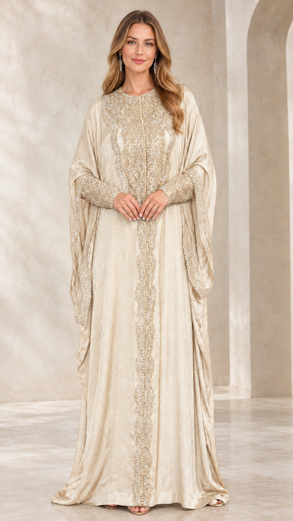 Front view of champagne cream embroidered kaftan maxi dress with cape overlay