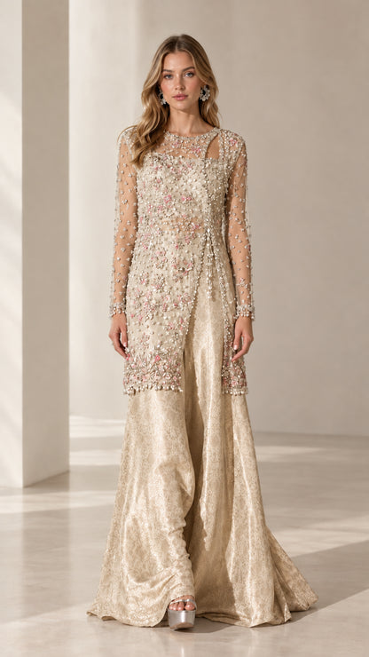 Model wearing champagne gold beaded cutout tunic and flowing wide-leg pants set