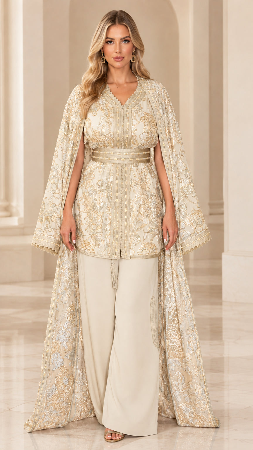 Full-length front view of model wearing Champagne gold jacquard cape and pant set