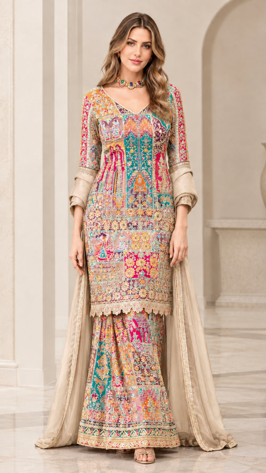 Champagne beige color variant of embroidered printed sharara suit set with dupatta