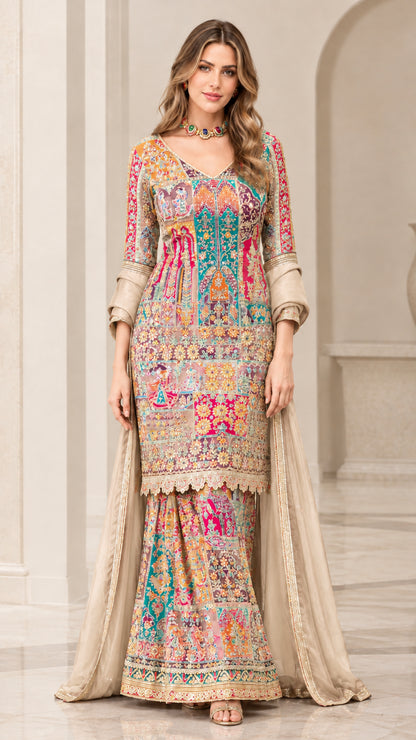 Champagne beige color variant of embroidered printed sharara suit set with dupatta