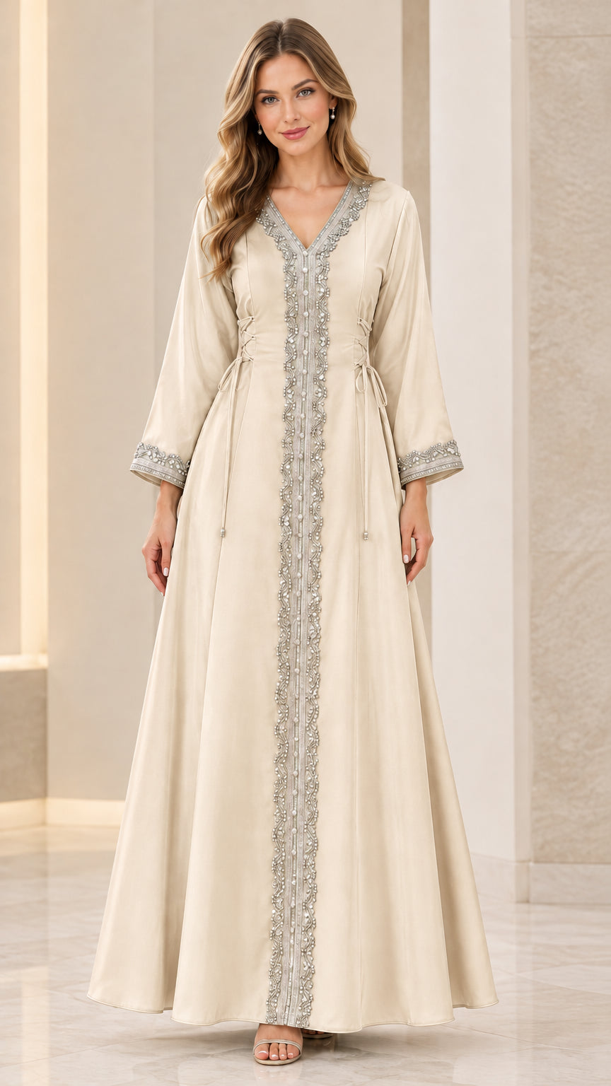 Champagne embellished formal maxi kaftan dress front view