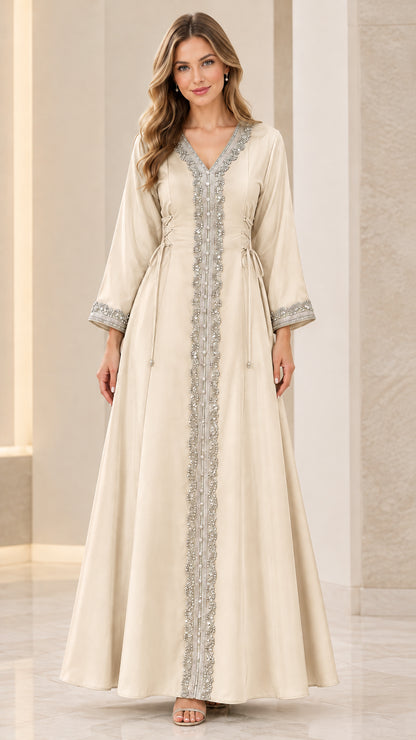 Champagne embellished formal maxi kaftan dress front view