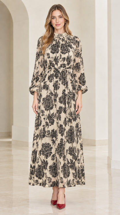 Front view of model wearing champagne beige floral velvet burnout maxi dress